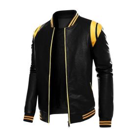 Men Leather Jacket Patchwork Biker Coat Motorcycle Jackets Mens Winter Casual Fleece Warm Coats Stripe Loose Outwear 2022 New (Color: black yellow, size: XXXL)