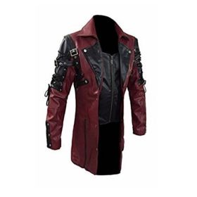 Vogue Men Faux Leather Jackets Autumn Fashion Steampunk Gothic Turn Down Collar Motorcycle Male Zippers Coat (Color: Red, size: 5XL)