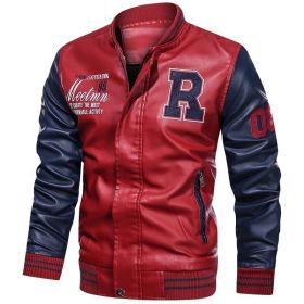 Men Leather Jacket Patchwork Biker Coat Motorcycle Jackets Mens Winter Casual Fleece Warm Coats Stripe Loose Outwear 2022 New (Color: Red, size: XXL)