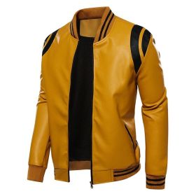 Men Leather Jacket Patchwork Biker Coat Motorcycle Jackets Mens Winter Casual Fleece Warm Coats Stripe Loose Outwear 2022 New (Color: yellow, size: L)