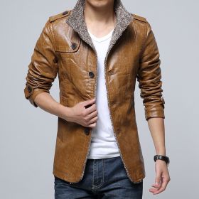 Plus Size M~6XL, 7XL, 8XL New Leather Jacket Men's Casual Fleece Warm Motorcycle Slim PU (Color: Khaki, size: 4XL)