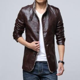 Plus Size M~6XL, 7XL, 8XL New Leather Jacket Men's Casual Fleece Warm Motorcycle Slim PU (Color: coffee, size: 5XL)