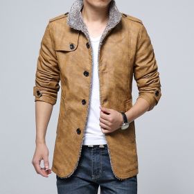 Plus Size M~6XL, 7XL, 8XL New Leather Jacket Men's Casual Fleece Warm Motorcycle Slim PU (Color: Earth yellow, size: XXXL)