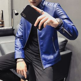 Spring Men's Jacket Fashion Faux Leather Coat Zipper Car Motorcycle Locomotive Clothing (Color: Blue, size: Asian L 58-65KG)