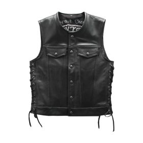 Men's Real Collarless Motorcycle Vest Cowhide Genuine Leather Sleeveless Jackets Adjustable Rope (Color: Black, size: XXXL)