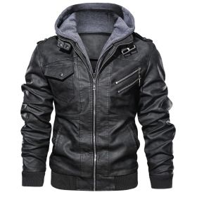 Men Autumn Leather Jacket Hooded Motorcycle Pu Faux Fashion Punk Style Male Casual Fall Coat New (Color: Black, size: L)