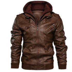 Men Autumn Leather Jacket Hooded Motorcycle Pu Faux Fashion Punk Style Male Casual Fall Coat New (Color: coffee, size: S)