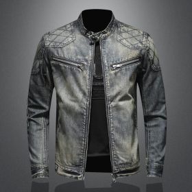 Men's Blue Denim Vintage Classic Biker Motorcycle Jacket Stand Collar Retro Slim Fit Distressed Racer Jeans Coat Drop Shipping (Color: Blue, size: L)