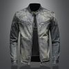 Men's Blue Denim Vintage Classic Biker Motorcycle Jacket Stand Collar Retro Slim Fit Distressed Racer Jeans Coat Drop Shipping