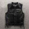 Men's Real Collarless Motorcycle Vest Cowhide Genuine Leather Sleeveless Jackets Adjustable Rope