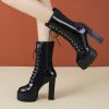 Lucyever Super High Heels Ankle Boots Women 2022 Lace Up Chunky Platform Motorcycle Boots Woman Back Zipper Patent Leather Botas