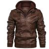 New Mens Outwear Bomber Vintage Autumn Black PU Leather Casual Jacket Slim Fit Motorcycle Biker Coats Removable Hood