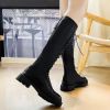 Lucyever Fashion Lace Up Knee High Boots Women Autumn Winter Warm Platform Motorcycle Boots Woman Square Heels Pu Leather Botas