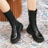 Lucyever Side Zipper Platform Mid Calf Boots Women Lace Up Thick Sole Motorcycle Boots Woman Autumn Winter Warm Pu Leather Shoes