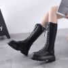 gh7 Fashion Black PU Leather Platform Boots Women Autumn Thick Heels Knee High Booties Woman Lace Up Motorcycle Botas Female