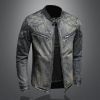 Men's Blue Denim Vintage Classic Biker Motorcycle Jacket Stand Collar Retro Slim Fit Distressed Racer Jeans Coat Drop Shipping