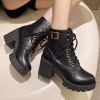 Lucyever Black Platform Thick Heel Boots Women 2022 Pu Leather Lace Up Ankle Boots Woman Metal Buckle Punk Motorcycle Botas