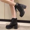 Lucyever Black Platform Thick Heel Boots Women 2022 Pu Leather Lace Up Ankle Boots Woman Metal Buckle Punk Motorcycle Botas