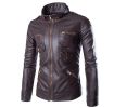 Men's Jacket Stand Collar Multi Pocket Leather Motorcycle Jacket