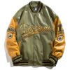 Hip Hop Leather Baseball Jacket Coat Men Patchwork Japanese Streetwear Varsity College Fashion Retro Harajuku Motorcycle