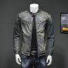 Men's Blue Denim Vintage Classic Biker Motorcycle Jacket Stand Collar Retro Slim Fit Distressed Racer Jeans Coat Drop Shipping