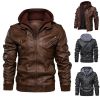 New Mens Outwear Bomber Vintage Autumn Black PU Leather Casual Jacket Slim Fit Motorcycle Biker Coats Removable Hood