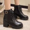 Lucyever Black Platform Thick Heel Boots Women 2022 Pu Leather Lace Up Ankle Boots Woman Metal Buckle Punk Motorcycle Botas